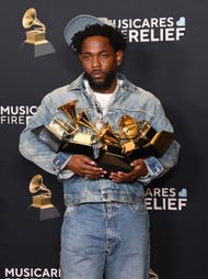 Kendrick Lamar, winner of Record Of The Year, Best Rap Performance, Best Rap Song, Best Music Video, and Song Of The Year for “Not Like Us,” poses in the press room during the 67th GRAMMY Awards at Crypto.com Arena on February 02, 2025 in Los Angeles, California. (Photo by Jon Kopaloff/WireImage)